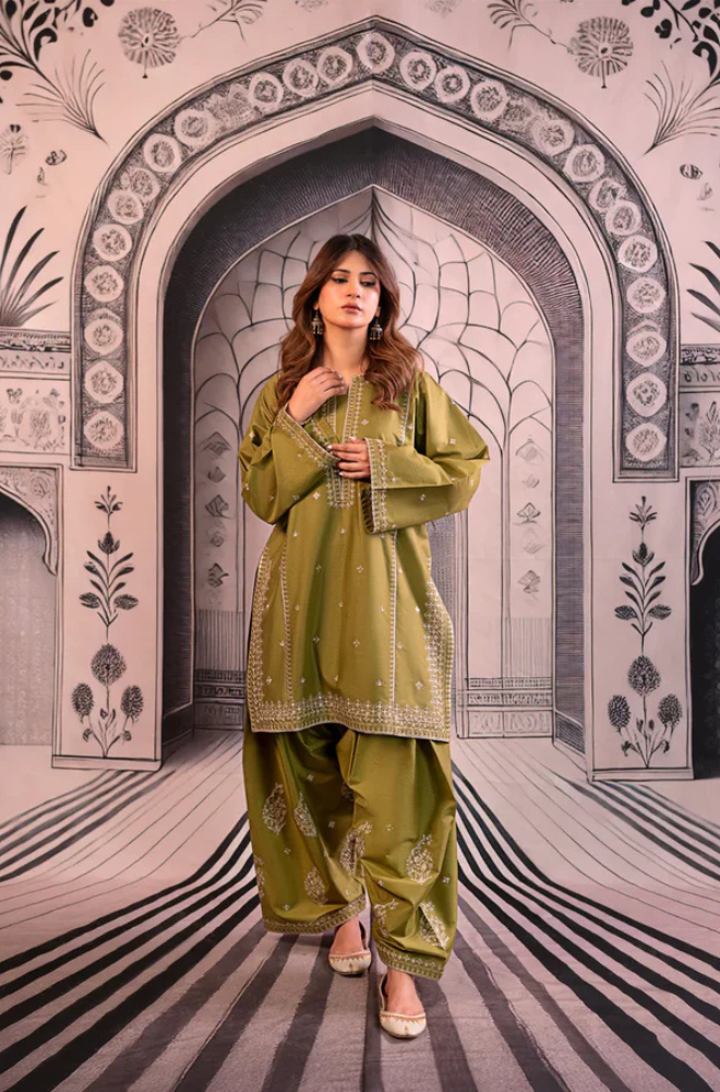 Urge- 3PC Unstitched Dhanak Embroidered Shirt with Digital Printed shawl and Embroidered Trouser- ES 1707