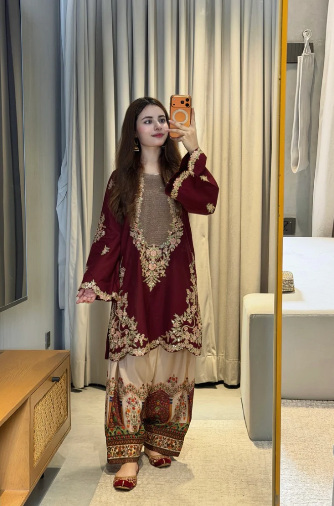 Ethnic-SILK 2 Piece Emroidered Shirt With Printed trousers-ES 8010