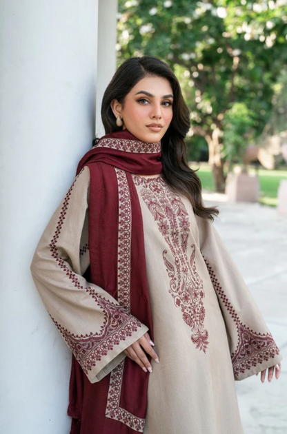 Baroque - 3PC Unstitched Dhanak Embroidered Shirt with Embroidered Dhanak Shawl and Trousers ES-1225