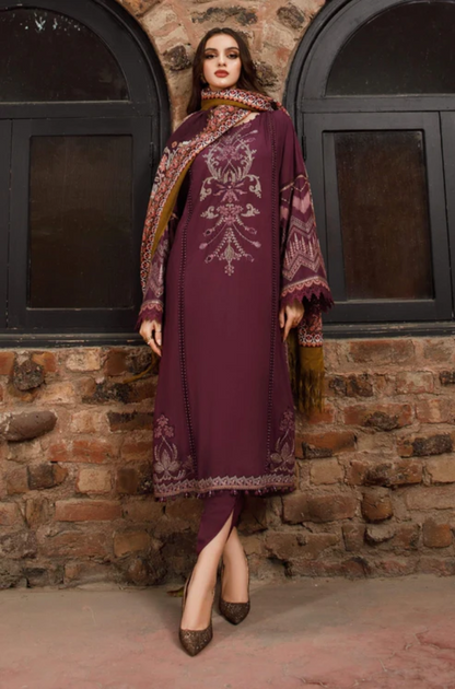 Maria B - 3PC Unstitched Dhanak Embroidered Shirt with Printed  Shawl and Trouser-ES002