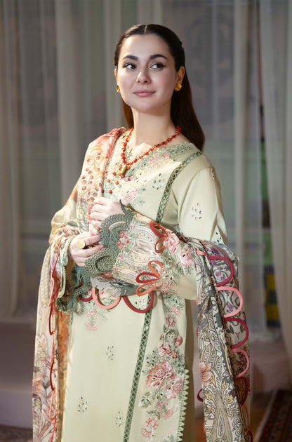 JADE - 3PC Fully Embroidered Front With Digital Printed Khaddi Net With 4 Side Embroidered Lase - ES 1800