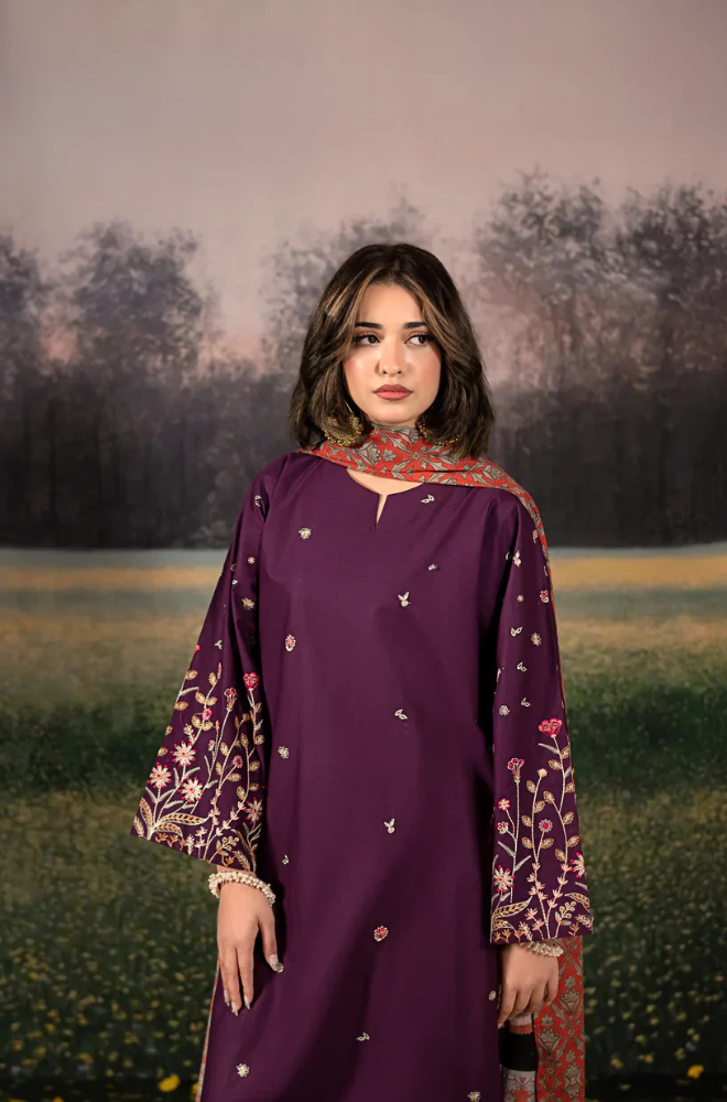 Urge- 3PC Unstitched Dhanak Embroidered Shirt with Digital Printed shawl and Embroidered Trouser- ES 1706