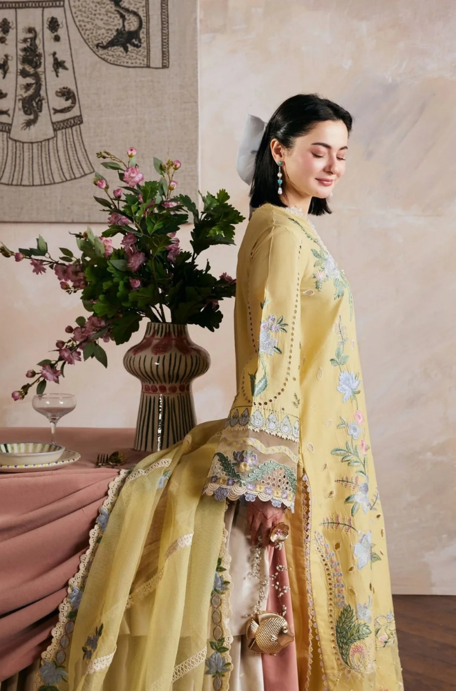 Maryam Hussain - 3PC Unstitched Lawn Embroidered Shirt with Cotton Net Embroidered Dupatta and Trouser- ES3001
