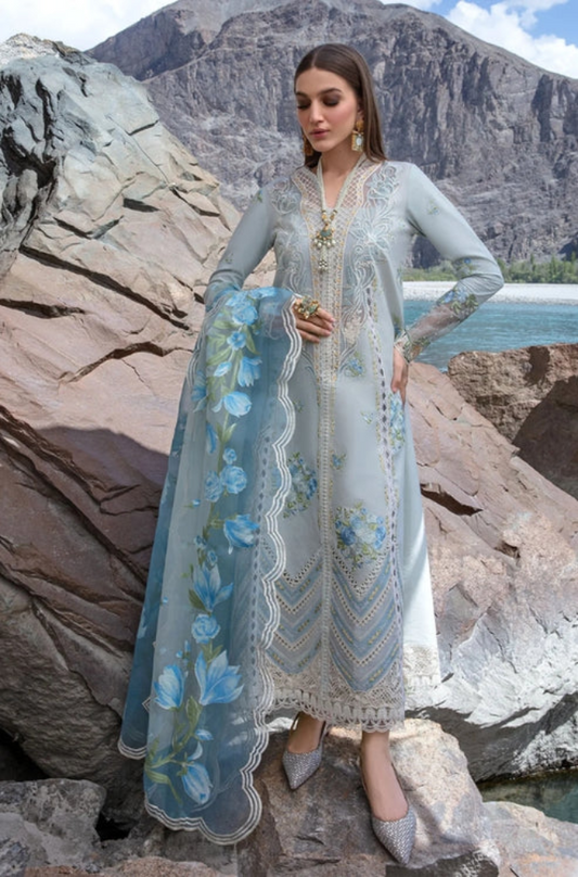 Crimson - 3PC Unstitched Linen Embroidered Boring Front with Printed  Shawl and Trouser-ES0005