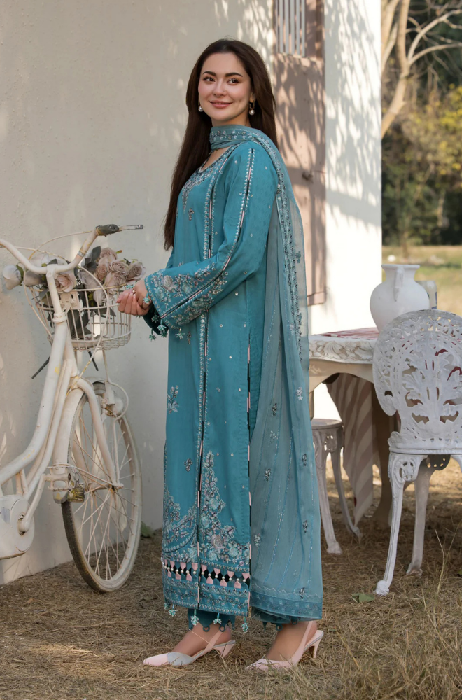 Ally's - 3PC Unstitched Lawn Embroidered Shirt with Embroidered Bamber Chiffon Dupatta - ES 2164