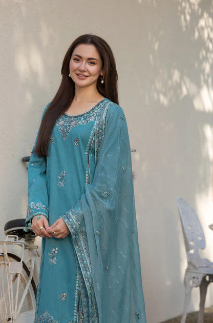 Ally's - 3PC Unstitched Lawn Embroidered Shirt with Embroidered Bamber Chiffon Dupatta - ES 2164