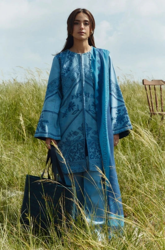Zara Shah Jahan - 3PC Unstitched Dhanak Embroidered Shirt with Printed  Shawl and Trouser - ES1030
