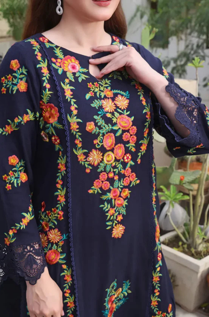 Aneelas - 3PC Unstitched Lawn Embroidered Shirt with Printed Silk Dupatta - ES 2204