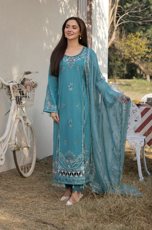 Ally's - 3PC Unstitched Lawn Embroidered Shirt with Embroidered Bamber Chiffon Dupatta - ES 2164