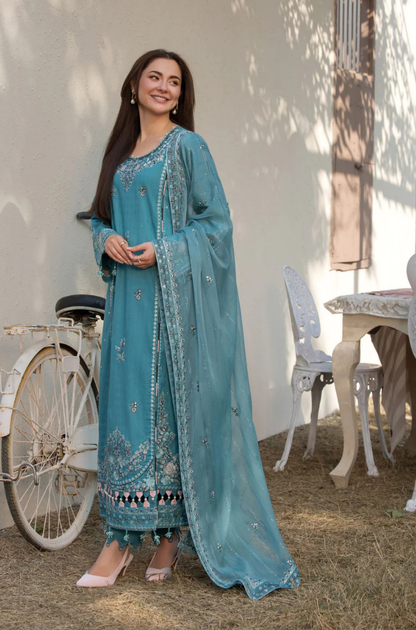 Ally's - 3PC Unstitched Lawn Embroidered Shirt with Embroidered Bamber Chiffon Dupatta - ES 2164