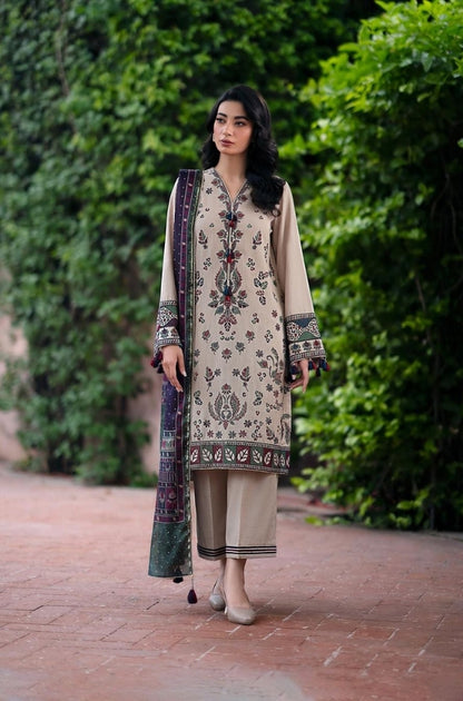 Jazmin - 3PC Unstitched Dhanak Embroidered Shirt with printed shwal  and Embroidered trouser- ES1121