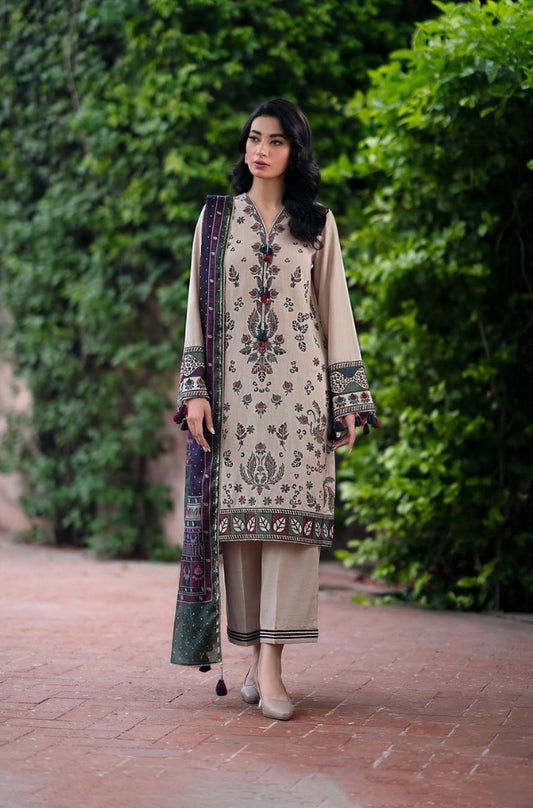 Jazmin - 3PC Unstitched Dhanak Embroidered Shirt with printed shwal  and Embroidered trouser- ES1121