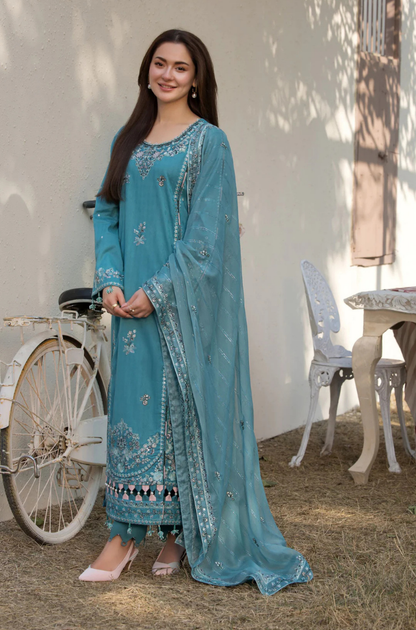Ally's - 3PC Unstitched Lawn Embroidered Shirt with Embroidered Bamber Chiffon Dupatta - ES 2164