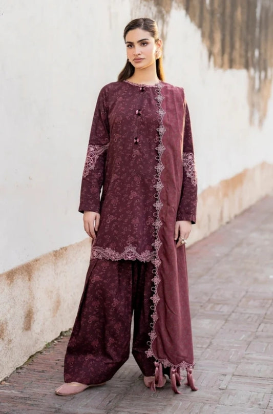 Baroque - 3PC Unstitched Printed Karandi Shirt with Printed Karandi Dupatta and Same Printed Trouser - ES1172