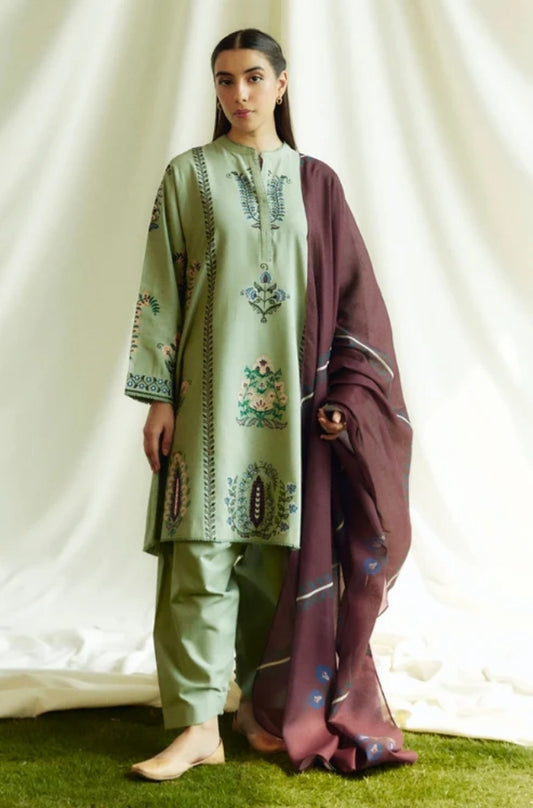 Zara Shah Jahan - 3PC Unstitched Dhanak Embroidered Shirt with Printed  Shawl and Trouser - ES1029