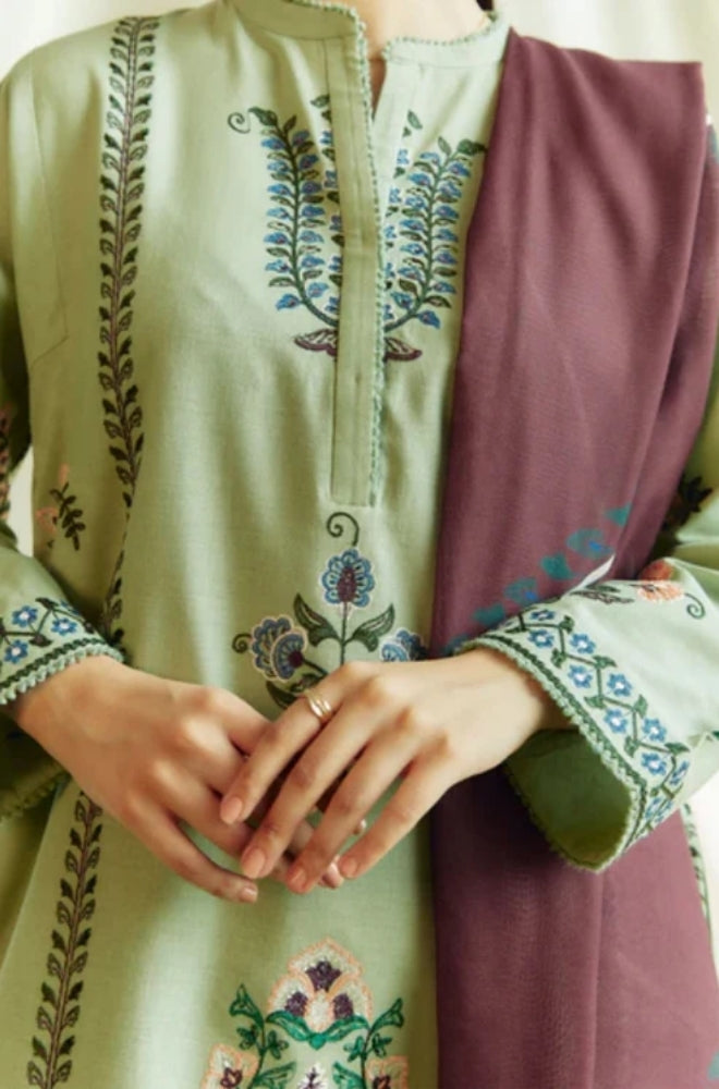 Zara Shah Jahan - 3PC Unstitched Dhanak Embroidered Shirt with Printed  Shawl and Trouser - ES1029