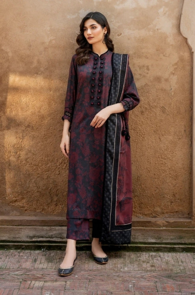 Baroque - 3PC Unstitched Printed Karandi Shirt with Printed Karandi Dupatta and Same Printed Trouser - ES1177