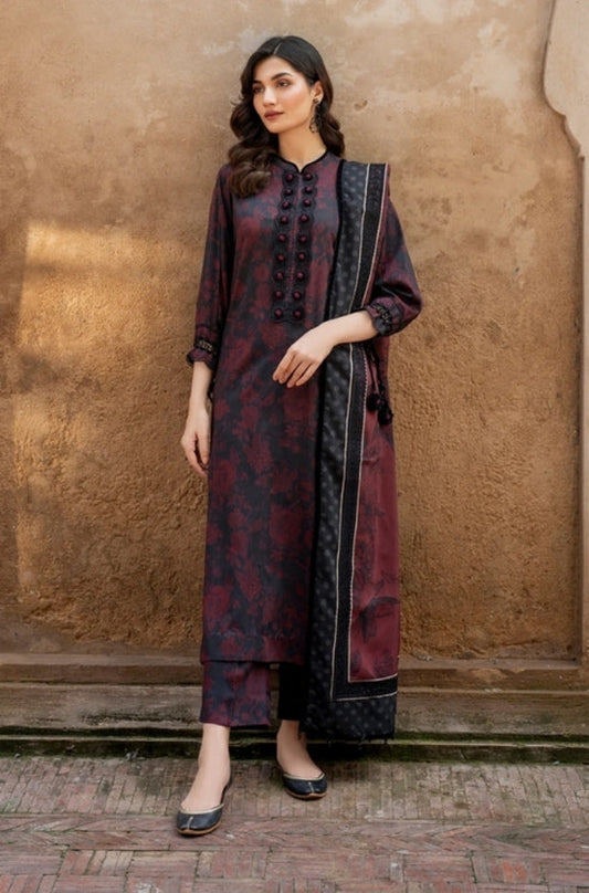 Baroque - 3PC Unstitched Printed Karandi Shirt with Printed Karandi Dupatta and Same Printed Trouser - ES1177