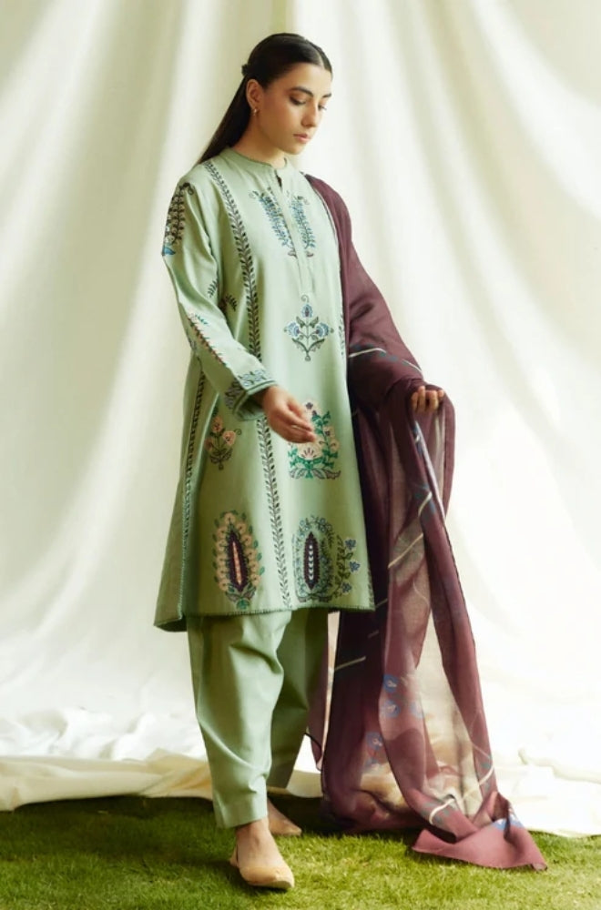 Zara Shah Jahan - 3PC Unstitched Dhanak Embroidered Shirt with Printed  Shawl and Trouser - ES1029