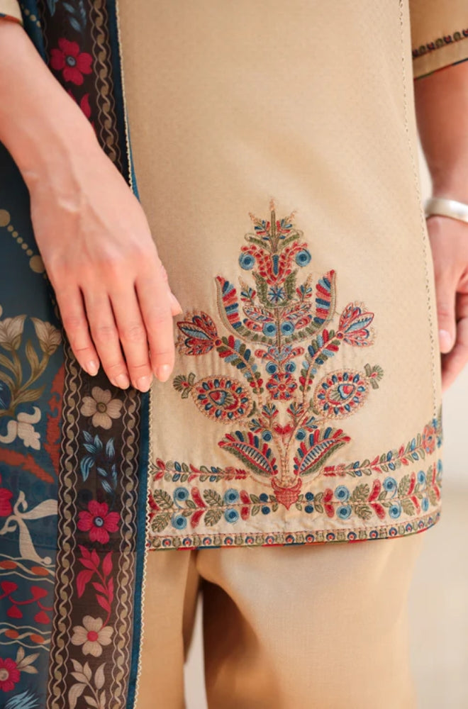 Jazmin - 3PC Unstitched Dhanak Embroidered Shirt with coterie Shawl  - ES 1806