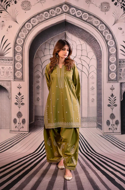 Urge- 3PC Unstitched Dhanak Embroidered Shirt with Digital Printed shawl and Embroidered Trouser- ES 1707