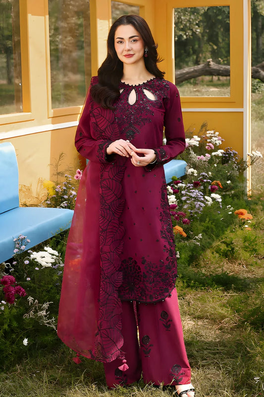 Allys - 3PC Unstitched Lawn Embroidered Shirt with Organza Embroidered Dupatta and Embroidered Trouser-ES 2403