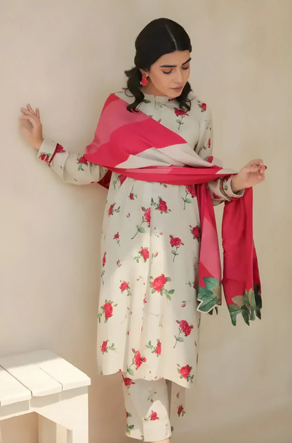 Baroque - 3PC Unstitched Printed Karandi Shirt with Printed Karandi Dupatta and Trouser - ES 2122