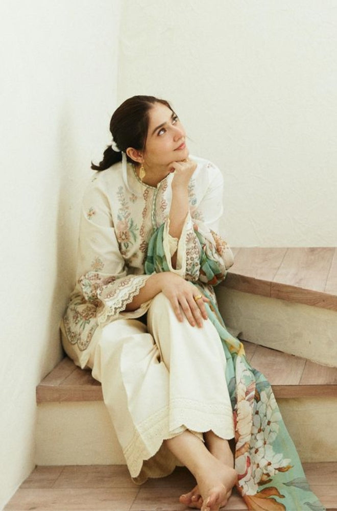 Zara Shah Jahan - 3PC Unstitched Lawn Embroidered Shirt with Digital Printed Silk Dupatta and Embroidery Trousers - ES1013