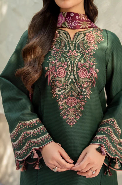 Jazmin - 3PC Unstitched Dhanak Embroidered Shirt with Digital Printed coterie Shawl - ES 1805