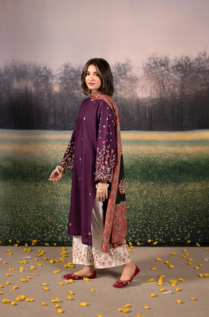Urge- 3PC Unstitched Dhanak Embroidered Shirt with Digital Printed shawl and Embroidered Trouser- ES 1706