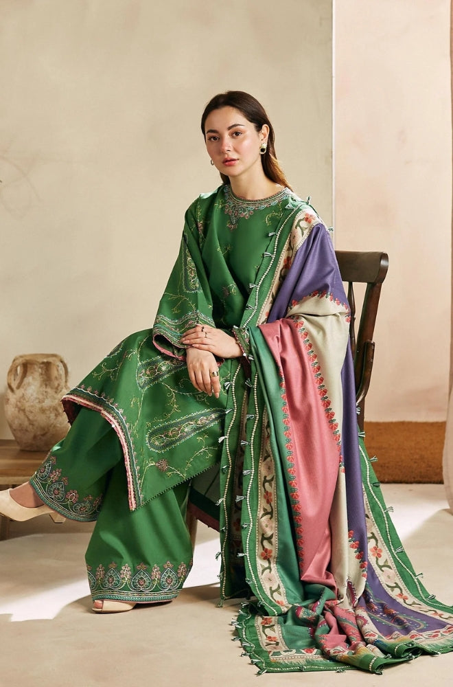 Zara Shah Jahan - 3PC Unstitched Dhanak Embroidered Shirt with Digital Printed Dhanak Shawl and Trouser- ES1046