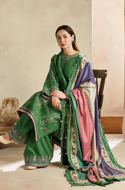 Zara Shah Jahan - 3PC Unstitched Dhanak Embroidered Shirt with Digital Printed Dhanak Shawl and Trouser- ES1046