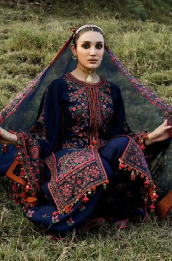 Hussain Rehar - 3PC Fully Embroidered Front With Dhanak Embroidered Shawl With 4 Side Embroidered Lace - ES 1802