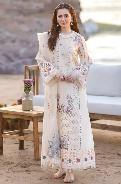 Qalamkaar - 3PC Unstitched Lawn Chicken Kari Embroidered Shirt with Embroidered Slub Net Dupatta - ES 1094