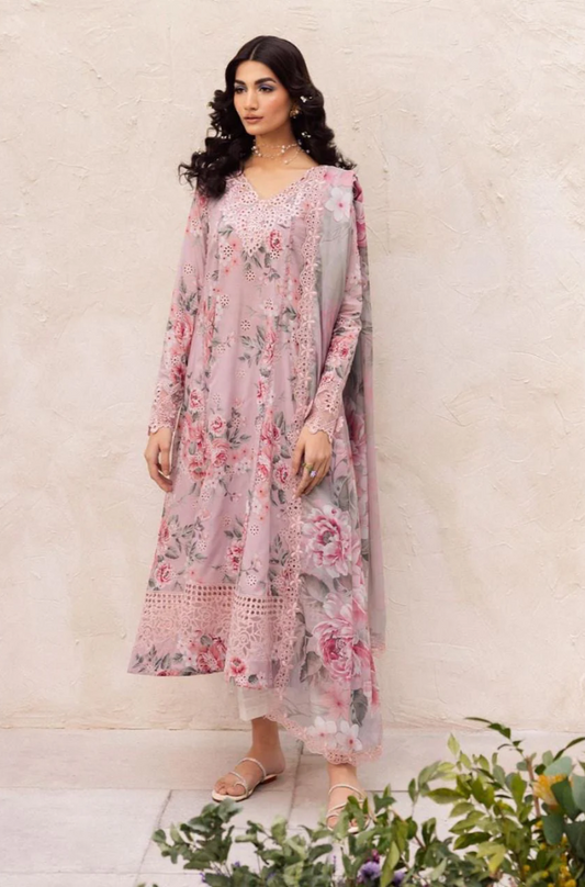Maria B-3PC Lawn Printed Shirt with Embroided Patches and Printed Dubatta and Trousers-ES1602