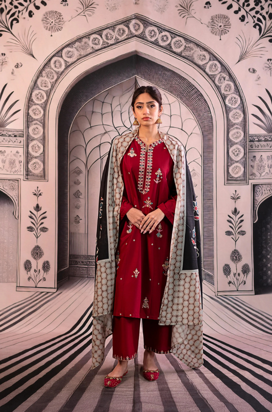 Urge- 3PC Unstitched Dhanak Embroidered Shirt with Digital Printed shawl and Embroidered Trouser- ES 1708