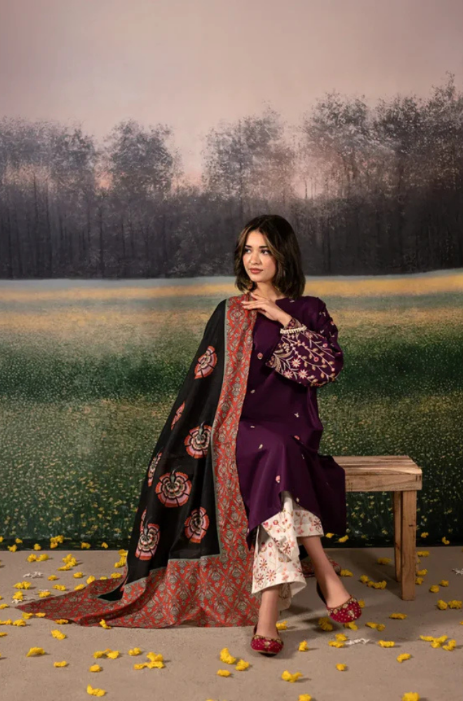 URGE - 3PC Unstitched Lawn Embroidered Shirt with Printed Chiffon Dupatta - ES 2198