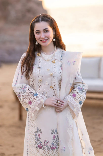 Qalamkaar - 3PC Unstitched Lawn Chicken Kari Embroidered Shirt with Embroidered Slub Net Dupatta - ES1094