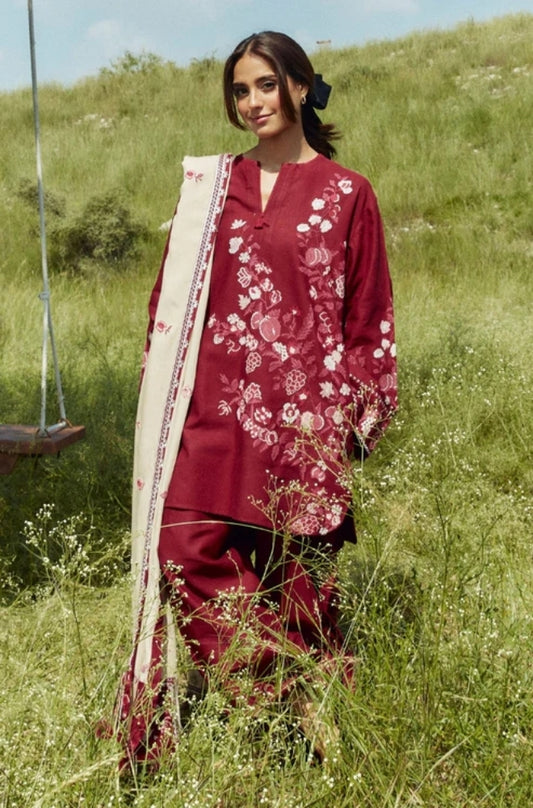 Zara Shah Jahan - 3PC Unstitched Dhanak Embroidered Shirt with Printed Shawl and Trouser - ES1028