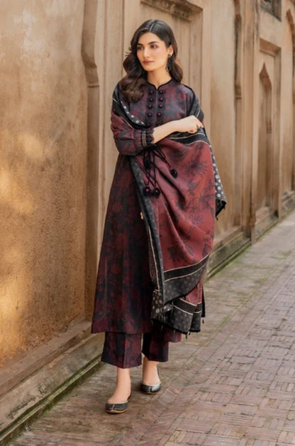 Baroque - 3PC Unstitched Printed Karandi Shirt with Printed Karandi Dupatta and Same Printed Trouser - ES1177