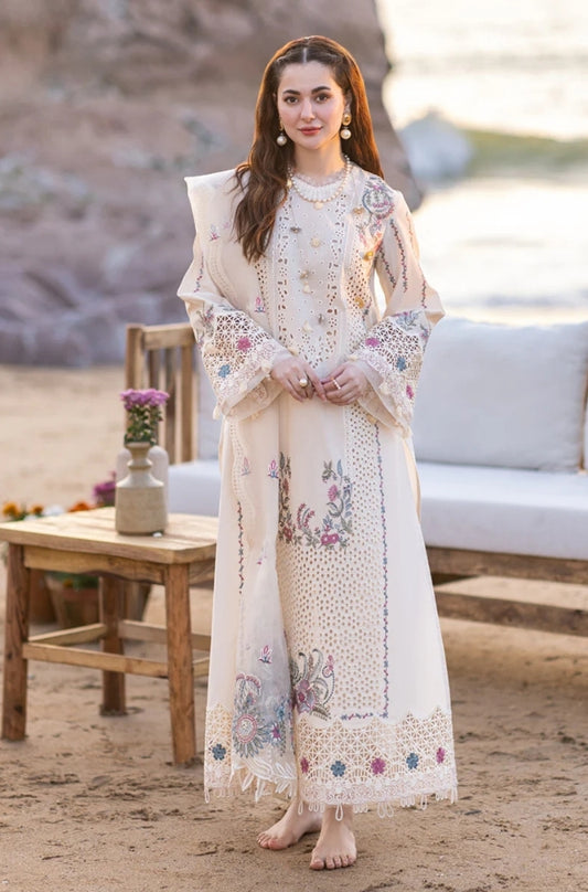 Qalamkaar - 3PC Unstitched Lawn Chicken Kari Embroidered Shirt with Embroidered Slub Net Dupatta - ES1094