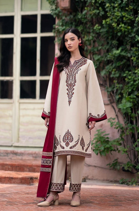 Jazmin - 3PC Unstitched Dhanak Embroidered Shirt with printed shawl  and Embroidered trouser - ES1119