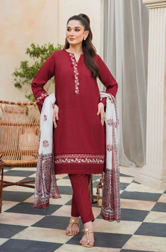 ZIVA - 3PC Unstitched Khaddar Embroidered Shirt with Tissue Silk Dupatta and Plain Trouser -ES1001
