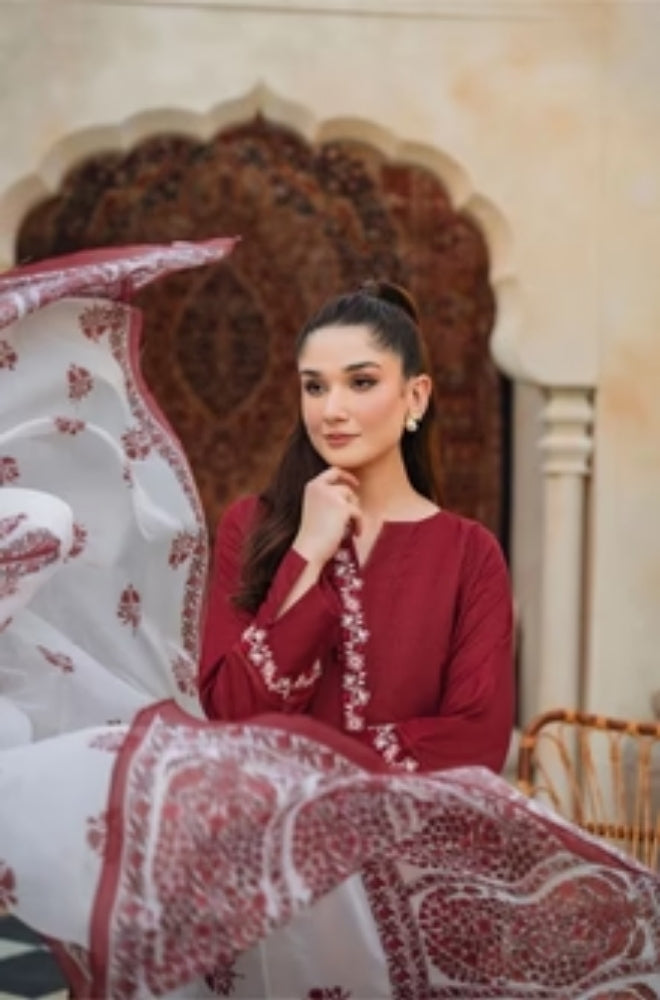 ZIVA - 3PC Unstitched Khaddar Embroidered Shirt with Tissue Silk Dupatta and Plain Trouser -ES1001