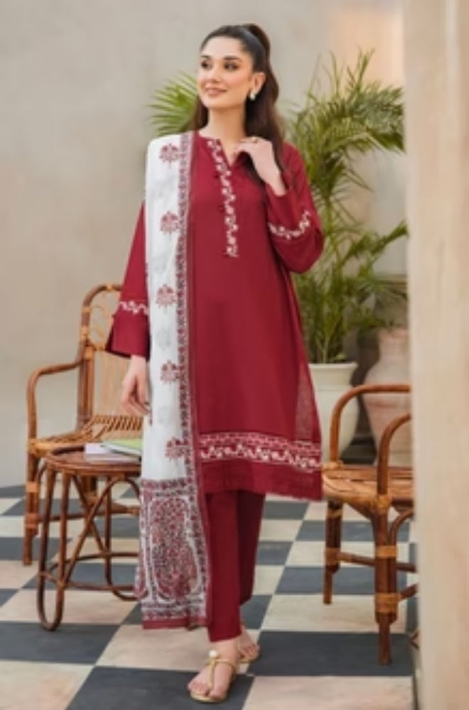 ZIVA - 3PC Unstitched Khaddar Embroidered Shirt with Tissue Silk Dupatta and Plain Trouser -ES1001