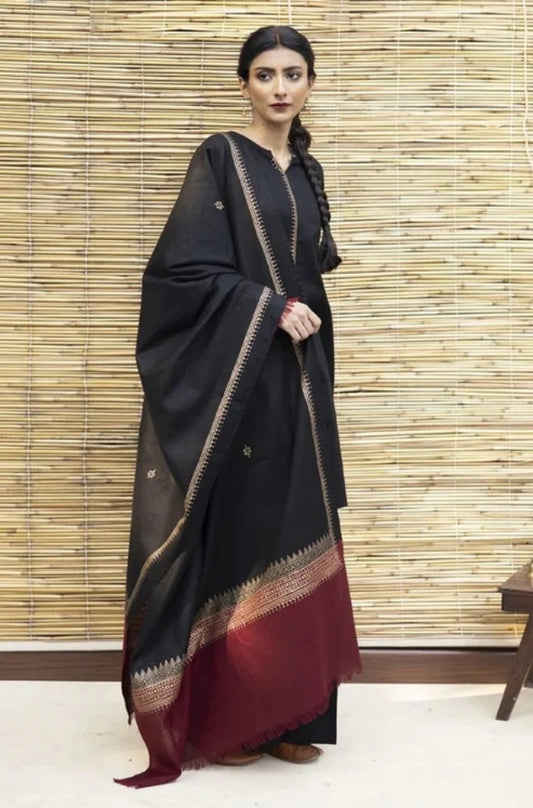 Zarpash - 3PC Unstitched Dhanak Neckline Embroidered Shirt with Printed Shawl and Trouser - ES1004