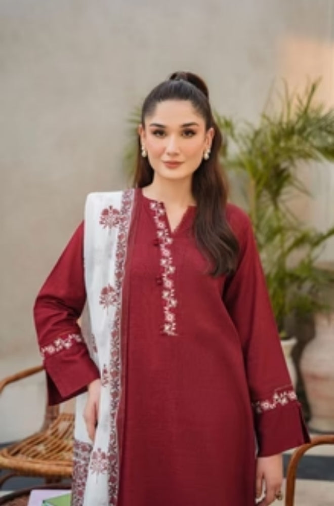 ZIVA - 3PC Unstitched Khaddar Embroidered Shirt with Tissue Silk Dupatta and Plain Trouser -ES1001