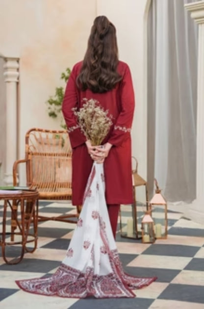 ZIVA - 3PC Unstitched Khaddar Embroidered Shirt with Tissue Silk Dupatta and Plain Trouser -ES1001