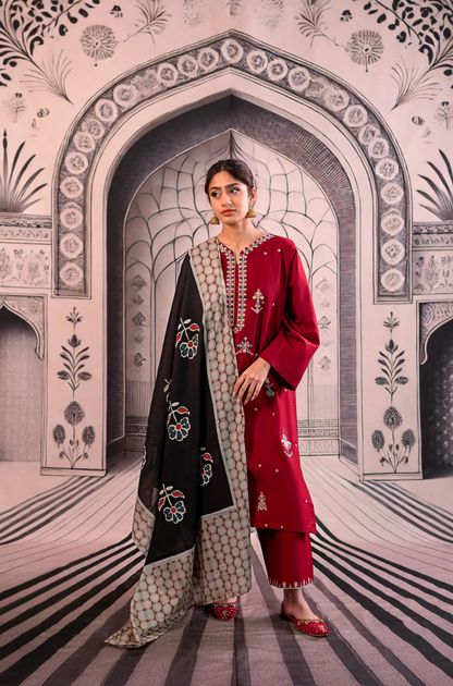 Urge- 3PC Unstitched Dhanak Embroidered Shirt with Digital Printed shawl and Embroidered Trouser- ES 1708