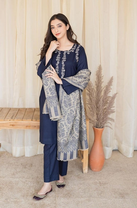 Aisling - 3PC Unstitched Dhanak Embroidered Shirt with Dhanak Shawl and Trouser - ES1193